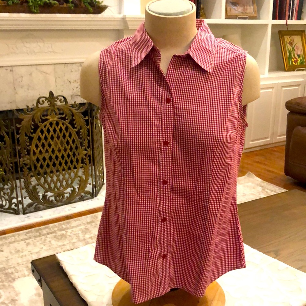 Red/white gingham sleeveless, collared shirt; St. John’s Bay brand;